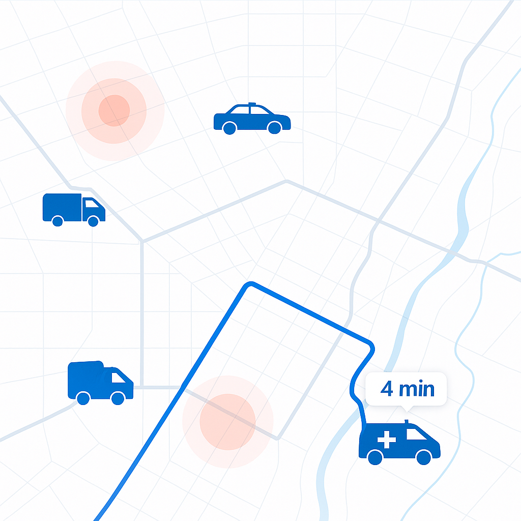 Mapa de emergencia con vehículos y agentes geolocalizados